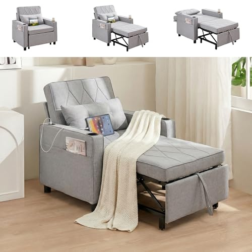 ROCSUMOO Schlafsessel 3 in 1 Schlafsofa, Schlafstuhl mit USB & Typ C-Anschlüssen, ausziehbarer Sessel mit Seitentasche und 2 Becherhaltern, Klappsofa-Bett (Hellgrau)
