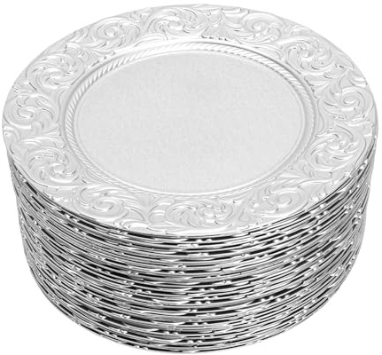Set di 50 sottopiatti rotondi decorativi in plastica da 33 cm, per matrimoni ed eventi, colore argento