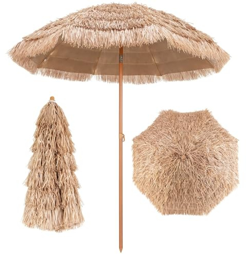 GOPLUS 2,2M Parasol Paille de PP, Parasol Plage de Style Tropical Hawaïen, avec 8 Baleines, UPF 30+, pour Jardin Patio Terrasse, Base Non Inclus