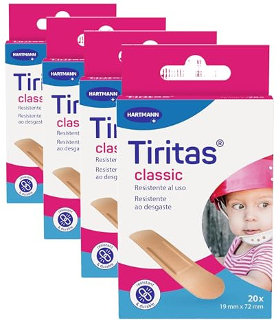 Tiritas Classic: Apósitos para Proteger Pequeñas Heridas, Anatómicas y con una Alta Transpirabilidad; 19x72cm; 20 unidades (Paquete de 4)