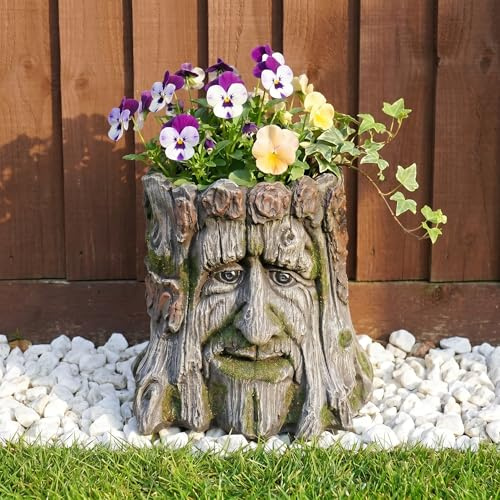Green Man Planter Garden Ornament Outdoor Tree Stump Plant Pot – Decorative Face Planter for Flowers, Herbs & Succulents, Woodland Garden Decor Gift for Patio Borders, 25cm x 28cm