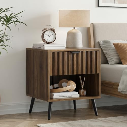 kowdom Mesita de noche moderna con cajón y compartimento abierto, 45 x 40 x 53 cm, color nogal – Mesa auxiliar imitación madera para dormitorio, pasillo, salón