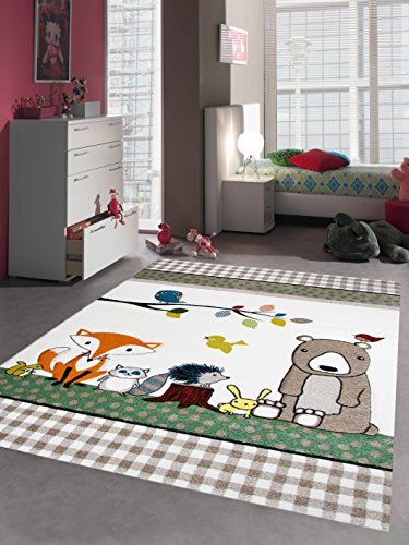 Kinderteppich Spielteppich Kinderzimmerteppich Tiere mit Bär Fuchs Hase Igel Eule Vögel in Beige Braun Orange, Größe 160x230 cm