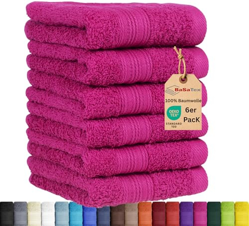 BaSaTex 6er Pack Handtuch Set für Gäste Handtücher Baumwolle Öko-Tex | Handtücher mit Aufhängeschlaufe, Gästetücher für die Händereinigung, Pink, Aufhängeschlaufe