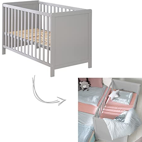 roba 2-in-1 Babysäng 60 x 120 cm - Spjälsäng & Anknytningsäng Justerbar i 6 höjdlägen - 5 Slitsar - Trä, grå/taupe