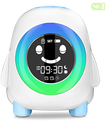 Cadrim Sveglia Digitale per Bambini Wake-up Light Ricaricabile USB Bambini Allarme Sveglia Comodino Sveglia Allenatore Sonno Orologio 2 Sveglie 3 Luminosità 5 Suonerie&Colori 8 Musica Funzione Snooze