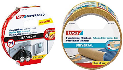 tesa Powerbond ULTRA STRONG - Doppelseitiges, extra starkes Montageband zur permanenten Befestigung - 5 m & Doppelseitiges Klebeband Universal - Vielseitiges Klebeband für Verpackungen - 10 mx50 mm