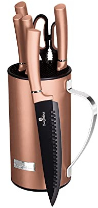 Berlinger Haus, Set de Couteaux de Cuisine Haut de Gamme, Design élégant, 7 Pièces avec support en, couleur rose gold, en acier inoxydable avec revêtement noir antiadhésif, Collection Rose Gold