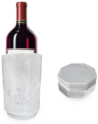 Wine Chiller Cooler Large White Marble Wine Chiller Ice Bucket, Ideal for Parties and Occasions. This Set Includes 4 Marble Coasters.