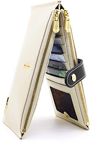 ANDOILT Damen Echt Leder Brieftasche RFID Blockierung Kreditkarte Halter Reißverschluss Geldbörse Handy Handtasche Cremeweiß
