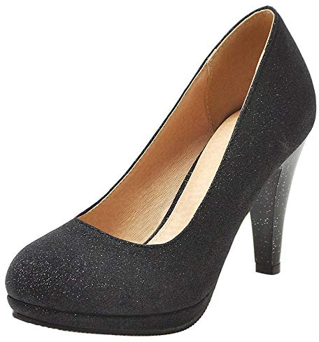 Scarpe da Festa Donna, Scarpe Tacco a Cono Eleganti Scarpe da Sposa Tacco Alto Punta Rotonda con Plateau Brillantini Nero Numero 45 EU