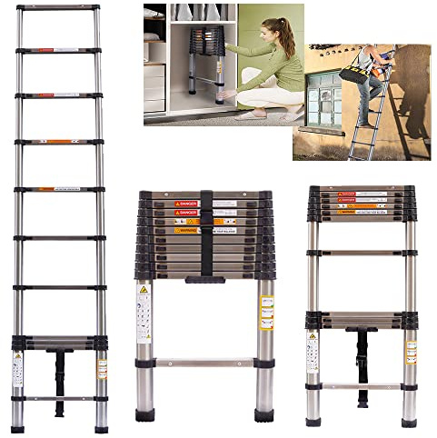 YouseaHome Extendable Ladders Telescopic Ladder Heavy Duty Steel Folding Step Loft Ladder, One Button Retraction Anti-slip Design, Multi-Purpose 150kg Capacity, Black+silver, 3.2M/10.5FT