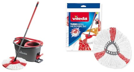 Vileda Turbo Microfibre Mop and Bucket Set, Spin Mop for Cleaning Floors, EasyWring and Clean Turbo 2-in-1 Microfibre Mop Refill Head, White/Red