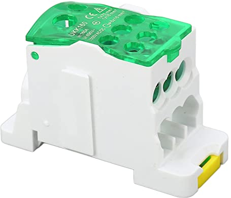 AMONIDA Caja de distribución de terminales, Bloque terminal, Montaje en carril DIN, 690V 160A, Verde, Conector de latón, PA66 ignífugo