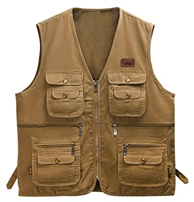 Sukany Men's Multi Pockets Cotton Outdoor Safari Fishing Vest Utility Photo Gilet Travel Journalist Hunting Hiking Jacket Waistcoat (Khaki,XL)