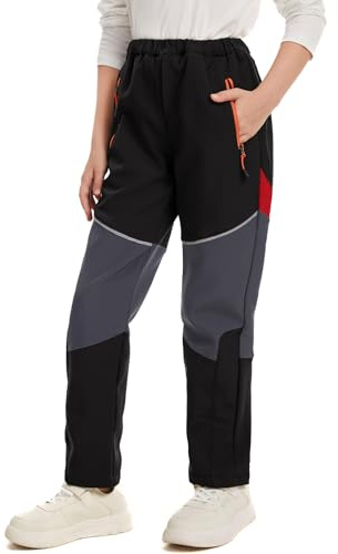 mosingle Pantalones impermeables con forro polar para niñas y niños, para esquí, invierno, suaves, cálidos, para caminar, senderismo al aire libre, negro/gris, 6-7 años