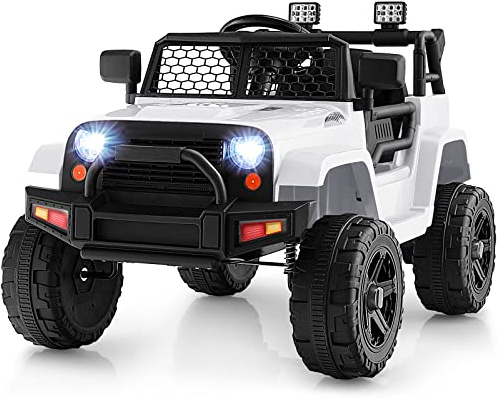 COSTWAY 12V Kids Ride on Car, Electric Off Road Truck with Remote Control, Headlights, Music, Horn, MP3, USB & Aux Port, Battery Powered Ride on Toy for 3+ Years Old Boys Girls (White)