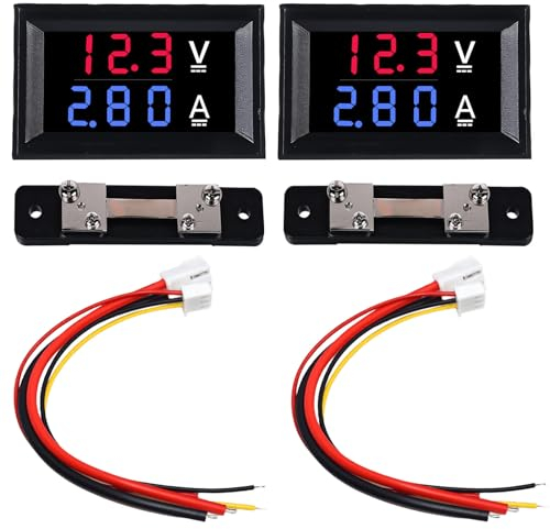 2 voltímetros LED digitales de 0,28 pulgadas, amperímetro: CC 0-100 V 50 A voltios amperios con derivación, LED doble indicador de color rojo y azul, detector de voltaje, amperios, multímetro, medidor