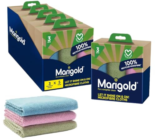 Marigold Let It Shine On and On Microfibre Cloths, Case Pack of 5 x 3Pk Cloths, 100% Recycled Microfibre Cleaning Cloths, Multifunctional Reusable Cloths for All Surfaces, Machine Washable | Case pack: 5 packs of 3, 30 x 30 cm,100% Recycled Microfibre, Machine washable, Versatile super absorbent cleaning cloths