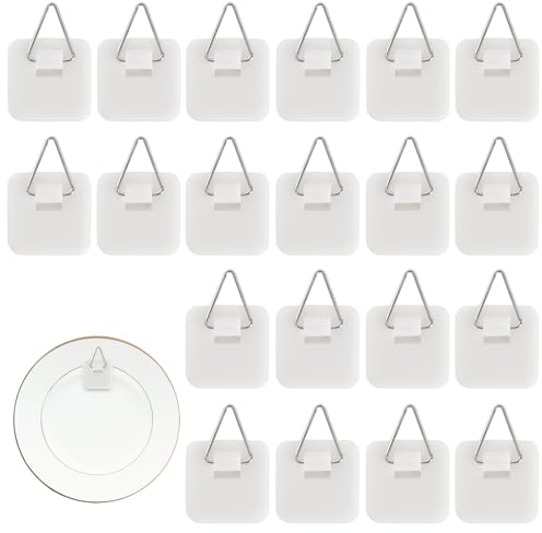 20 Stück Selbstklebende Haken Unsichtbar Selbstklebend für Teller Klebehaken Kunststoff Haken Unsichtbare Selbstklebende Telleraufhänger Bildern zum Aufhängen Platten Uhr Foto Malerei (Quadratisch)