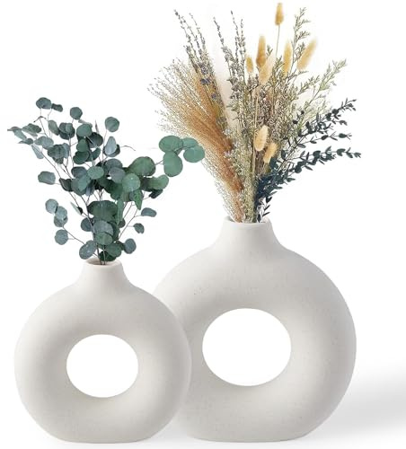 BASVII Keramisk vas vit, munkvas för pampasgräs, matta blomvas rund modern boho torkad blomma dekoration för hem vardagsrum kontor dekoration S+M
