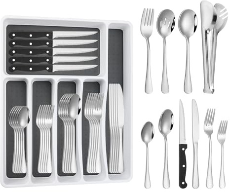 53PCS Silverware Set for 8 with Flatware Drawer Organizer, Stainless Steel Cutlery Set with Steak Knives, Include Spoons and Forks Set & Serving Utensils, Mirror Polished, Dishwasher Safe