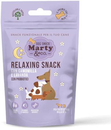 Marty & Co - Relax Snack - Galletas - Snack funcional para relajar al perro y gato bajo estrés - Con manzanilla, lavanda, probióticos, nucleótidos, vitaminas y minerales - Sin cereales - 80 g