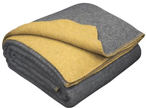 Merino Wolle Decke, Warme Kuscheldecke für Bett & Couch 150x215 cm | Wolldecke 80% Merino, 20% Nylon OEKO-TEX Tagesdecke für Sofa, Schlafzimmer, Gästezimmer, Ferienhaus, Ganzjährig | Senf - Grau