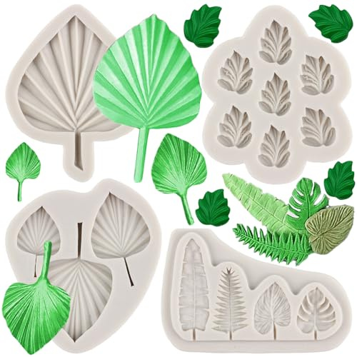 MYPRACS Set di 4 stampi in silicone a forma di foglia di palma a ventaglio a forma di foglia di palma, per cioccolato, fondente, decorazione per torte, cupcake, cioccolato, caramelle, argilla