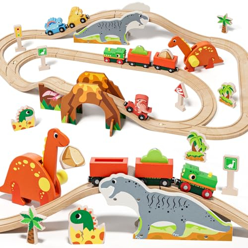 Lehoo Castle Holzeisenbahn, Holz Eisenbahn Kinder, Dinosaurier Spielzeug Holzeisenbahn Schienen, Dino Zug, Kompatibel mit Brio, Thomas