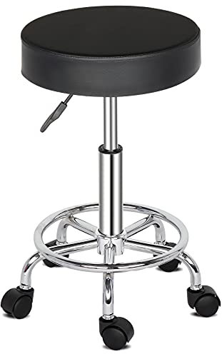 belupai Runder Rollhocker aus PU-Leder, hydraulischer Gasdruckfeder, höhenverstellbar, Drehstuhl, Salon-Massagehocker mit Fußstütze, für Friseure, Schönheit, Maniküre (schwarz)