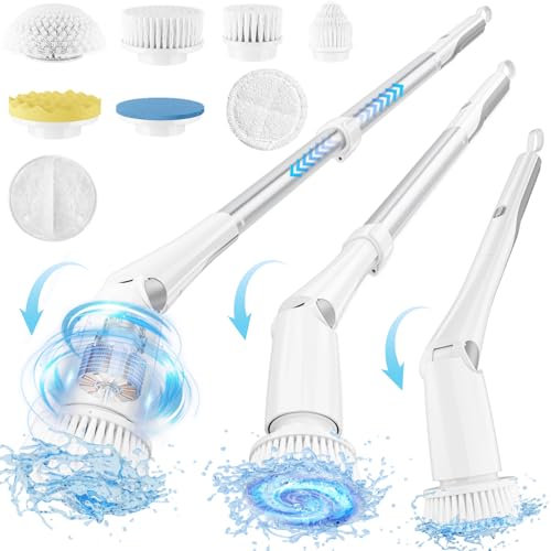 Electric Spin Scrubber, Cordless Cleaning Brush with 8 Replaceable Cleaner Brush, Power Shower Scrubber with Long Handle, Electric Scrubber for Cleaning Floor Bathroom Bathtub Tile