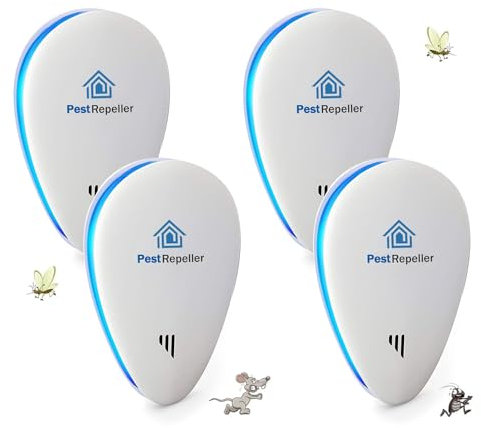 CHENAN Repelente Ultrasónico de Plagas,Repelente Ultrasónico Mosquitos para Cucarachas,Repelente Mosquitos Interiores,Electrónico Repelente Mosquitos Insectos para Interiores Anti Cucarachas- 4 Piezas