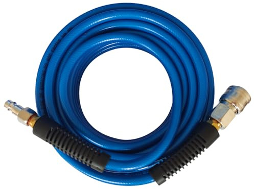 Manguera de compresor de aire reforzada de PVC, color azul, con acoplamiento rápido de acero alemán de 1/4 pulgadas y accesorios de conexión, 10 m de longitud