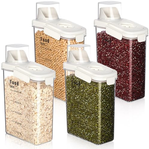 Blushtier 4 PCS Cereal Containers Storage 2.8L Airtight Large Dry Food Storage Containers with Pouring Spout Cereal Containers Storage Dispenser Measuring Cup for Flour and Baking Supplies, White