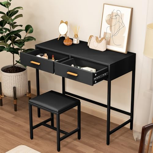 LIANWANG Schminktisch mit 1 Hocker, Frisiertisch mit 2 Schubladens, Metallgestell, Schwarz, 90x40x78 cm