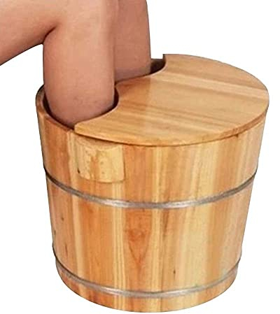 HIARAN Fußbadeeimer aus Holz, Fußwanne (30 cm hoch), Fußbadewanne für die Pediküre, Waschbecken für den Haushalt, großes, verdicktes Fußfass aus natürlichem Kiefernholz mit Deckel, Massageperlen,
