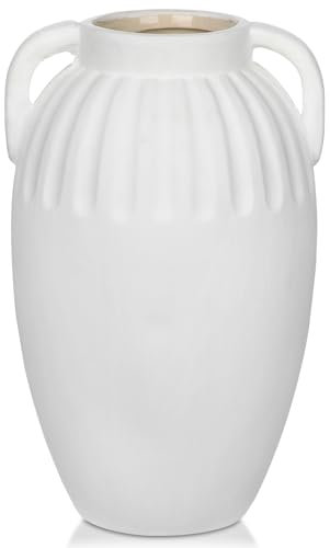 Ceramic Rustic Farmhouse Vase, 9 inch Pottery White Flower Vase with 2 Handles for Centerpieces Pampas Grass Boho Modern Rustic Farmhouse Decor for Living Room Kitchen Countertop Dinner Table Shelves