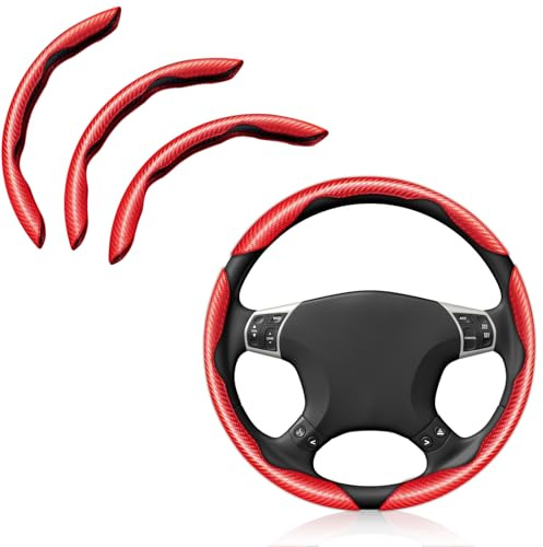 Pincuttee Carbon Fiber Steering Wheel Cover - 3PC, Universal Non Slip Steering Wheel Protector, Car Interior Accessories (Matte Red)