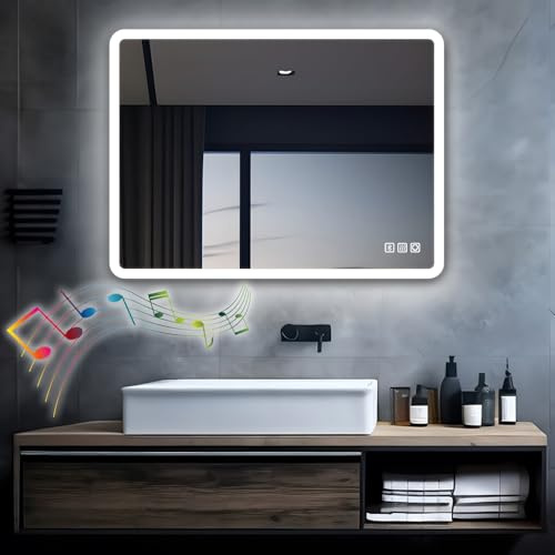 MIQU LED Badspiegel mit Beleuchtung 80x60 cm Badezimmerspiegel, Bad Groß Spiegel mit Bluetooth und Steckdose Touch Dimmbar Warm/Weiß Licht Beschlagfrei Wandspiegel für Badezimmer, WC, Flur