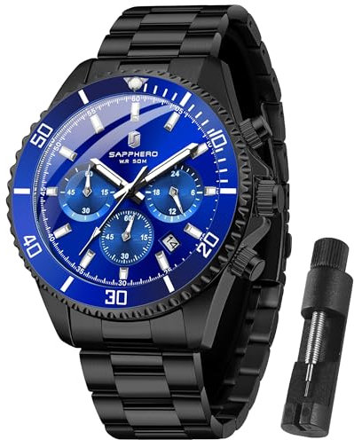 SAPPHERO Uhren Herren Chronograph Analog Quarz 50M Wasserdicht Armbanduhr Herren Mode Lässig Business Herrenuhren mit Kalender Edelstahlarmband Uhr Geschenk für Männer