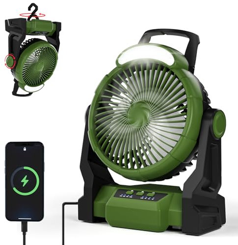 GuKKK 15000mAh Ventilatore da Campeggio con Luce LED, 3 Velocità Portatile con Gancio, Timer e Rotazione 270°, USB con Ricaricabile per Casa Esterno Campeggio Tende