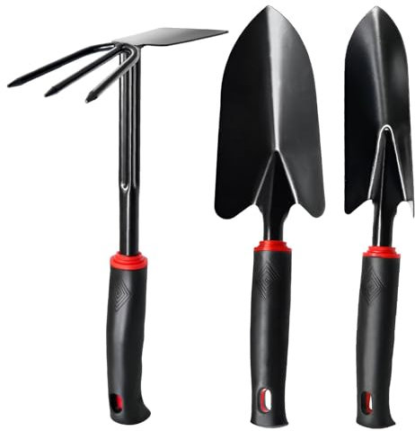 Kit Giardinaggio 3 Pezzi – Set Attrezzi da Giardino in Acciaio Inossidabile con Impugnatura Antiscivolo, Paletta Giardinaggio, Trapiantatore e Zappa Doppia per Orto, Serre, Fioriere e Scavo