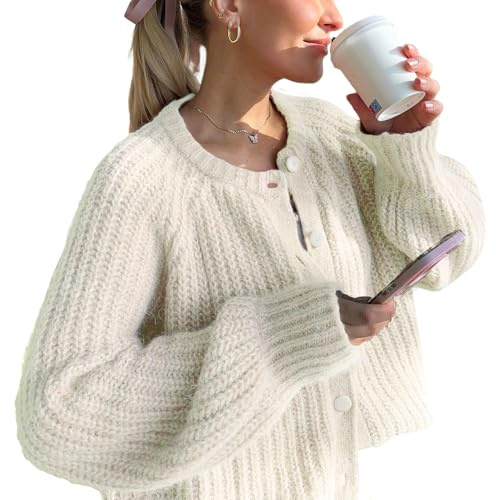 Wyeysyt Womens Cardigan Sweaters Button Long Sleeve Chunky Soft Knit Sweaters Open Front Loose Casual Cardigan Coats(Beige-S)