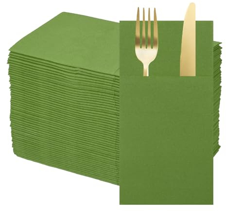 sourcing map 100 Pcs Disposable Linen Feel Napkins with Built-in Flatware Pockets, Paper Dinner Napkins for Knife and Forks, Hand Towels for Wedding Party Olive Green
