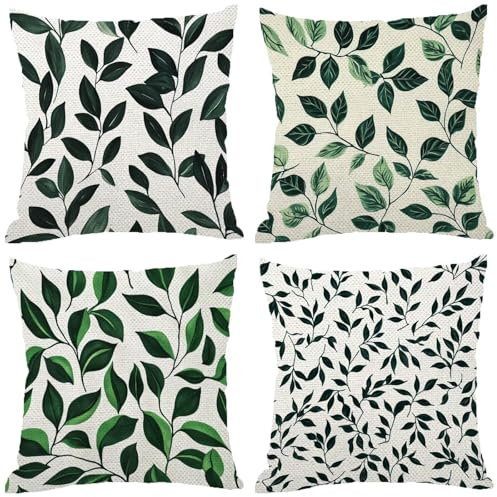 Fodere Cuscini da Esterno Impermeabili, Foglia Federe Cuscini Divano 70x70 Quadrate Set di 4, Doppia Faccia Stampa Lino Cushion Covers Verde Cerniera Invisibile per Aesthetic Room Decor, Regalo Z-863