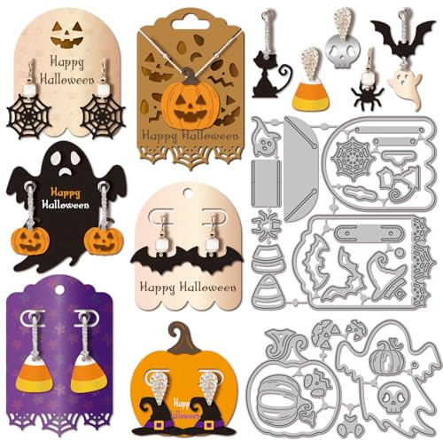 GLOBLELAND Halloween Ohrring Karte Metall Stanzschablone Katze Geist Fledermaus Papierpräge Stanzschablonen Set Kürbis Spinnennetz Stanzformen für Kartenherstellung Papier Handgefertigtes Fotoalbum