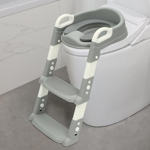 Begoniape Toilettensitz Kinder mit Treppe Höhenverstellbar & Klappbar WC Sitz Kinder für Jungen und Mädchen Toilettenaufsatz aus PP für Kinder ab 1-7 jahre (Grau)