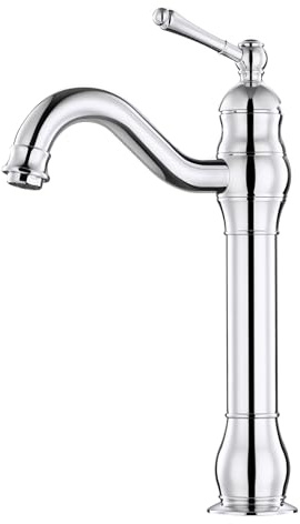 Retro Waschtischarmatur, OUGOO Wasserhahn aus Messing mit hohem Auslauf | 360° Drehbar, Badezimmer Einhebel Mischbatterie, Antik Elegant Geschwungene Armatur für Aufsatzwaschbecken, Chrom