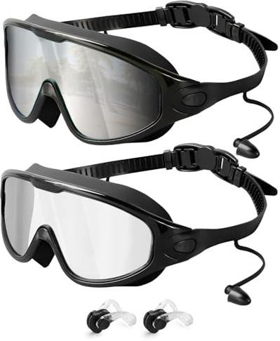 Victoper Adult Swimming Goggles, 2 Pack Wide View Swim Goggles with Anti-Fog and UV Protection, Leakproof Goggles for Men & Women with Ear Plugs and Nose Clip for Pool Swimming
